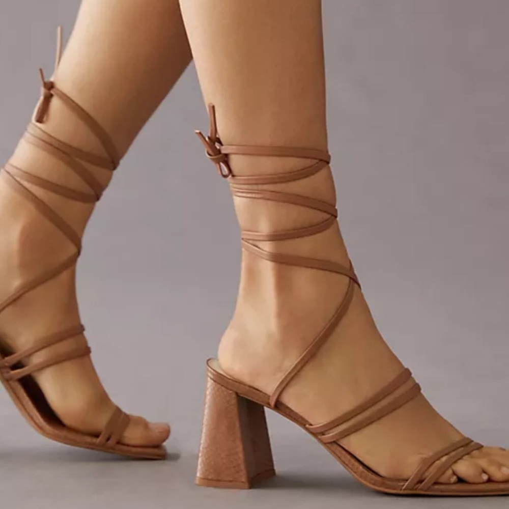 Dolce Vita Anthropologie Paxx Brown Leather Strappy Tie Up Block Heels Sandals
